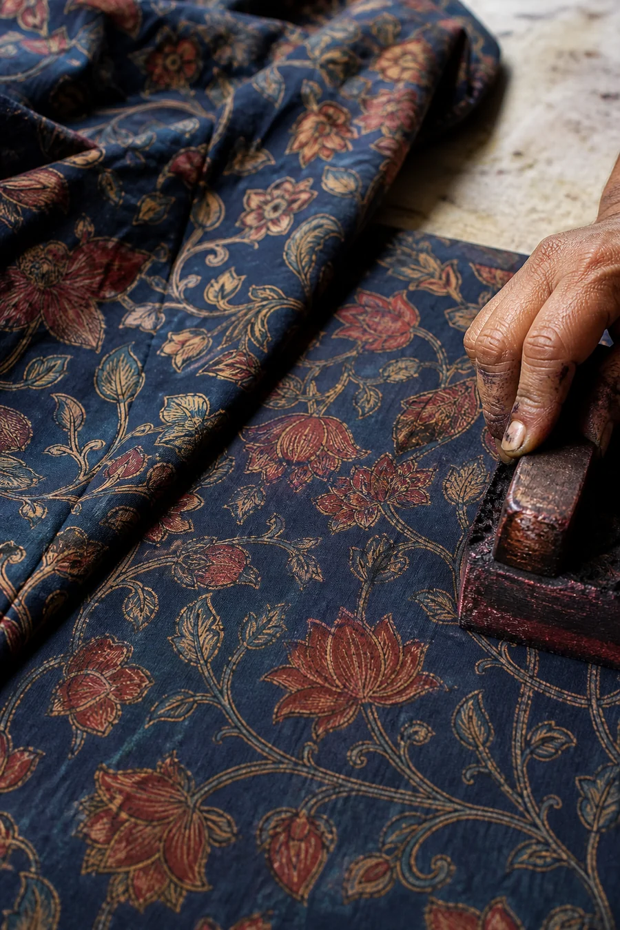 Indigo and madder Kalamkari textile being block printed by hand