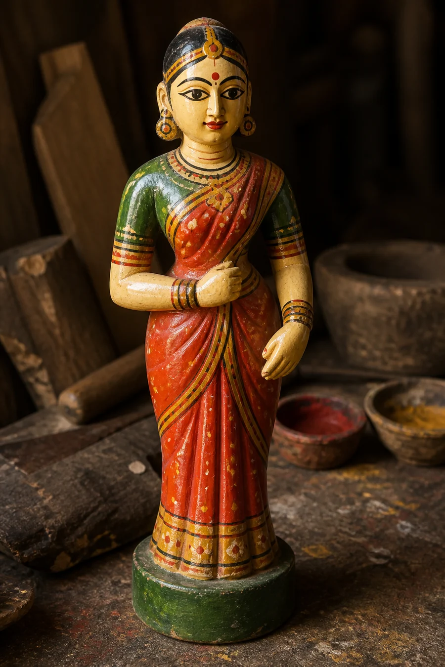 A hand-painted Kondapalli wooden figure in a workshop
