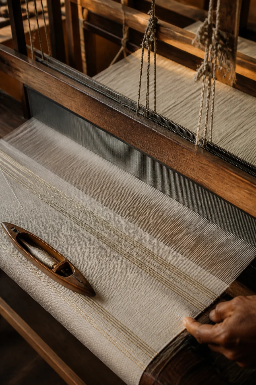 Fine cotton threads held taut on a wooden handloom
