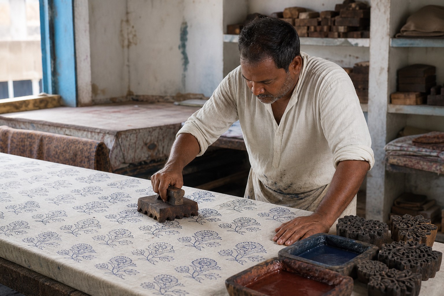 A carved wooden block being pressed onto cloth in Pedana