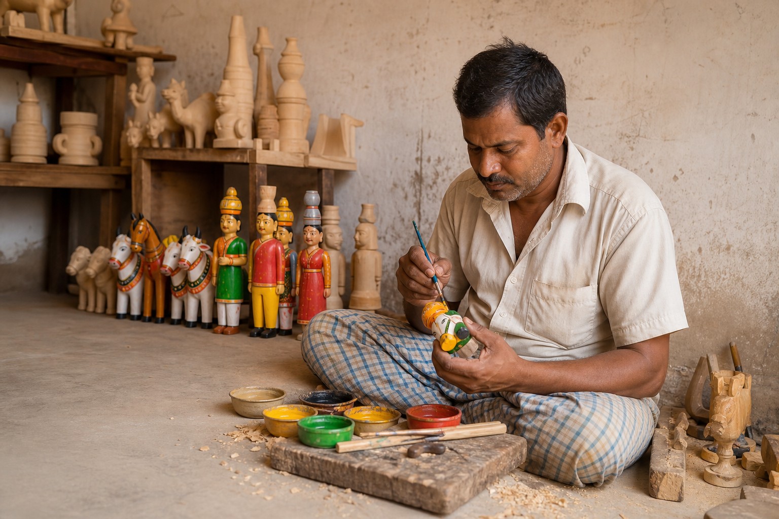 A Kondapalli artisan working inside a wooden-toy workshop